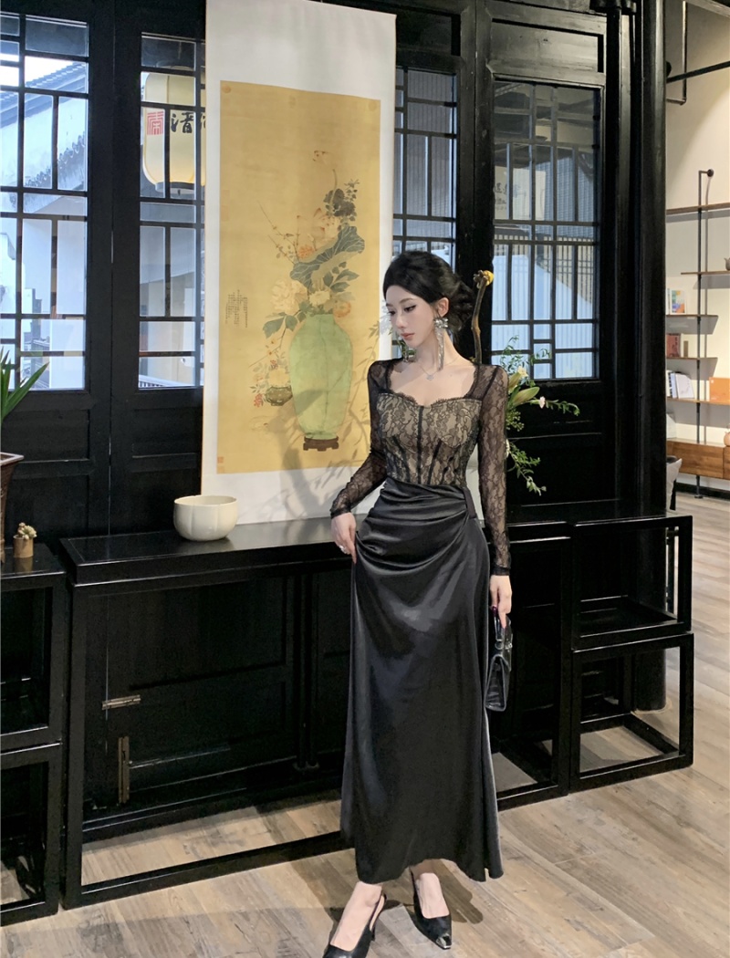 Black large yard long dress package hip lace dress for women