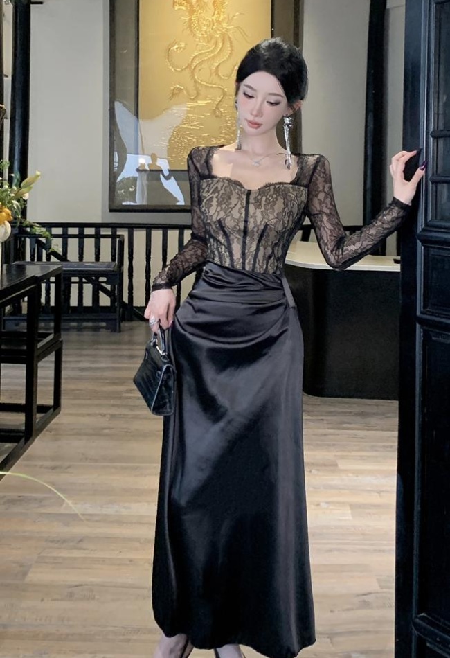 Black large yard long dress package hip lace dress for women