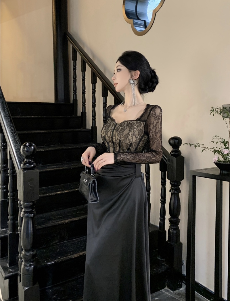 Black large yard long dress package hip lace dress for women