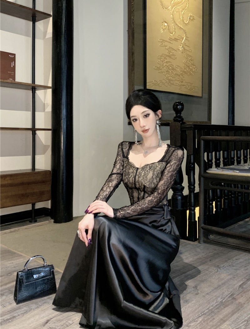 Black large yard long dress package hip lace dress for women