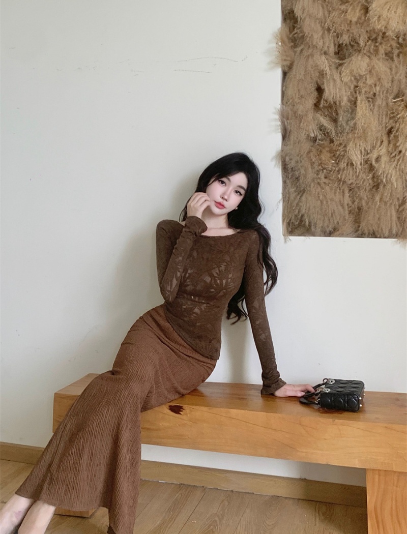 Long sleeve elegant long skirt autumn tops 2pcs set