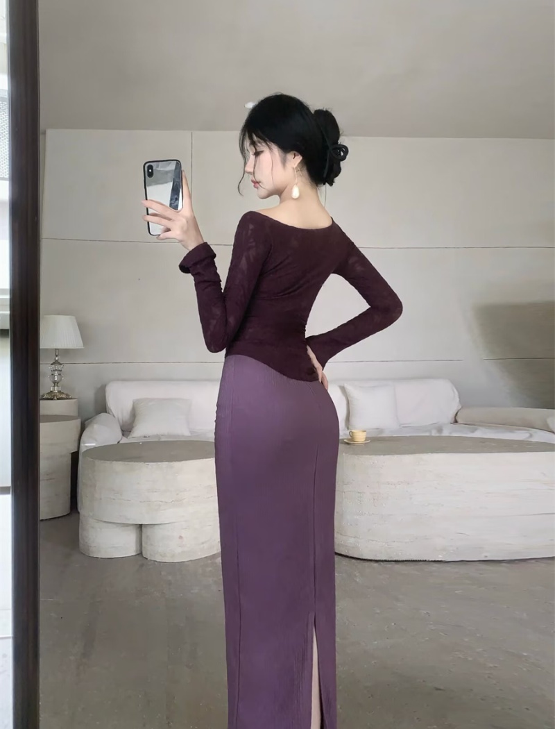 Long sleeve elegant long skirt autumn tops 2pcs set