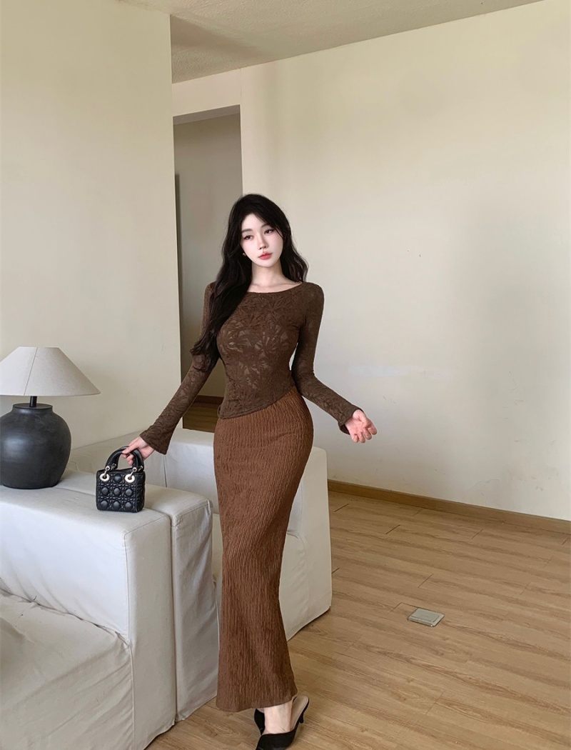 Long sleeve elegant long skirt autumn tops 2pcs set