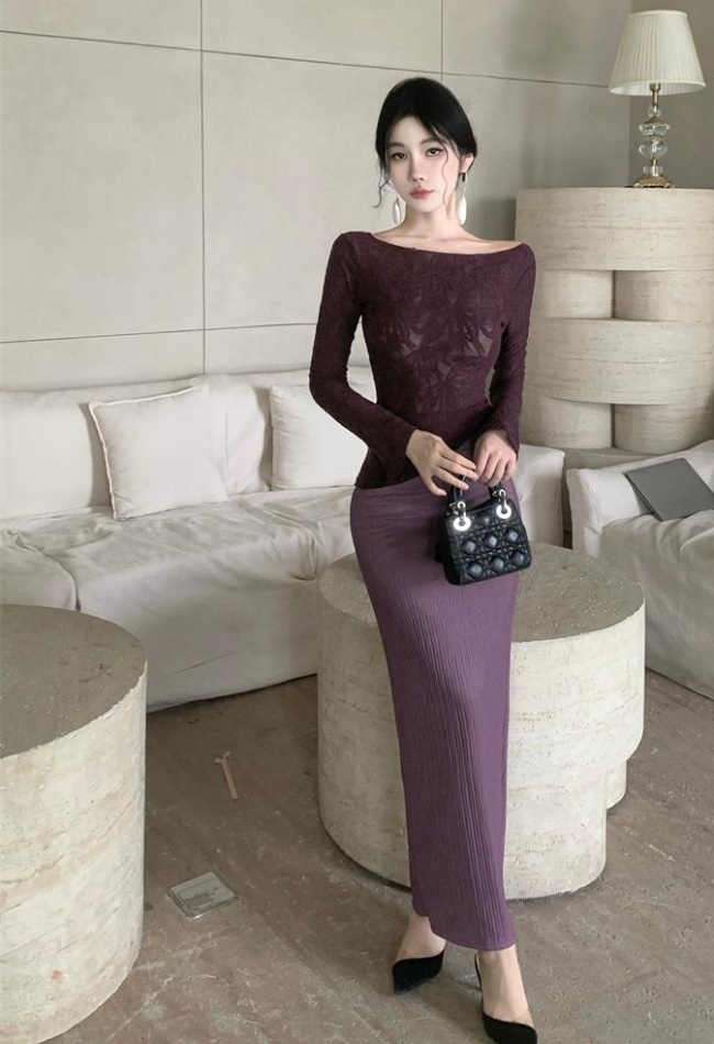 Long sleeve elegant long skirt autumn tops 2pcs set