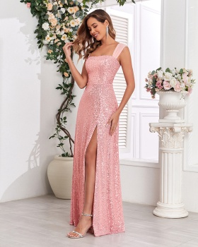 Sexy sling long dress sequins high split evening dress for women