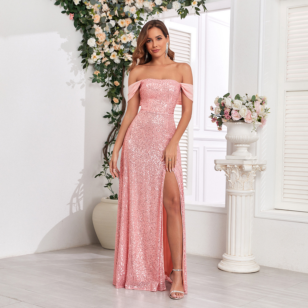 Sexy sling long dress sequins high split evening dress for women