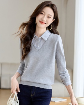 Pseudo-two tops shirt collar sweater for women