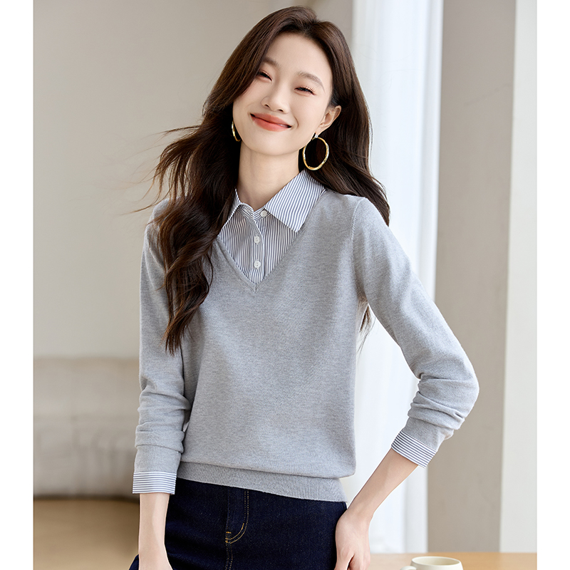 Pseudo-two tops shirt collar sweater for women