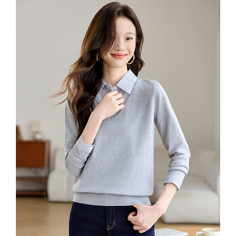 Pseudo-two tops shirt collar sweater for women