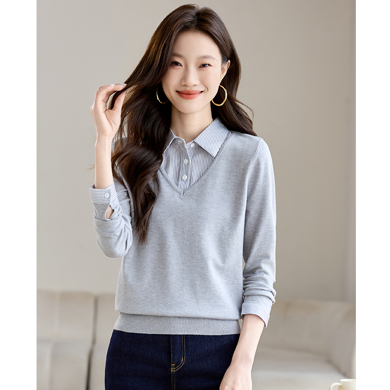 Pseudo-two tops shirt collar sweater for women