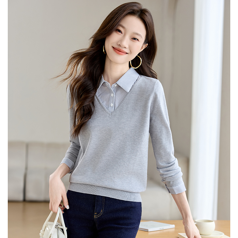 Pseudo-two tops shirt collar sweater for women