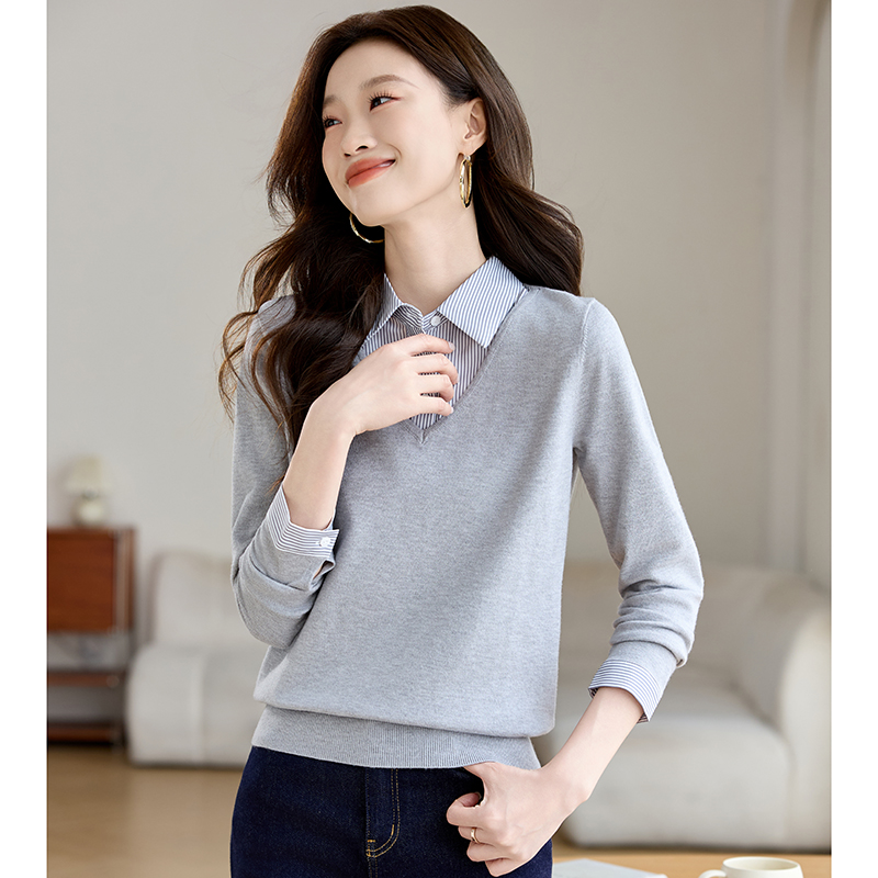 Pseudo-two tops shirt collar sweater for women