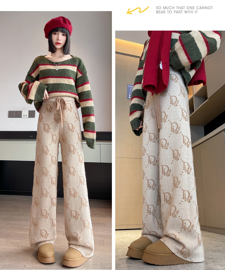 Straight slim wide leg pants jacquard pants for women