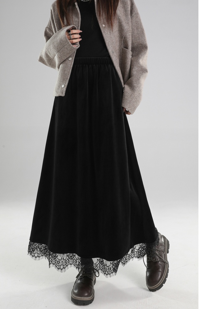 Splice golden velvet skirt lace long skirt for women