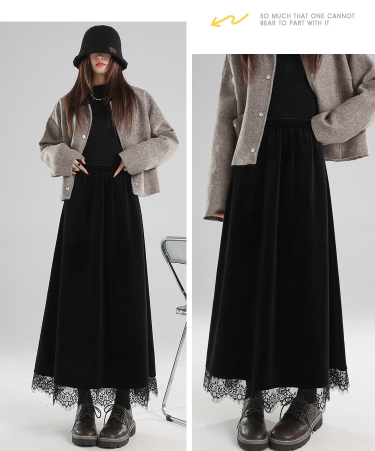 Splice golden velvet skirt lace long skirt for women