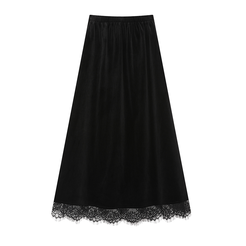 Splice golden velvet skirt lace long skirt for women