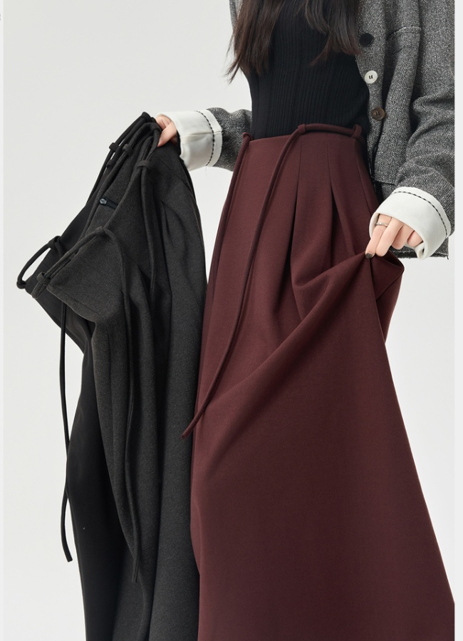 A-line drawstring long skirt pleated skirt for women