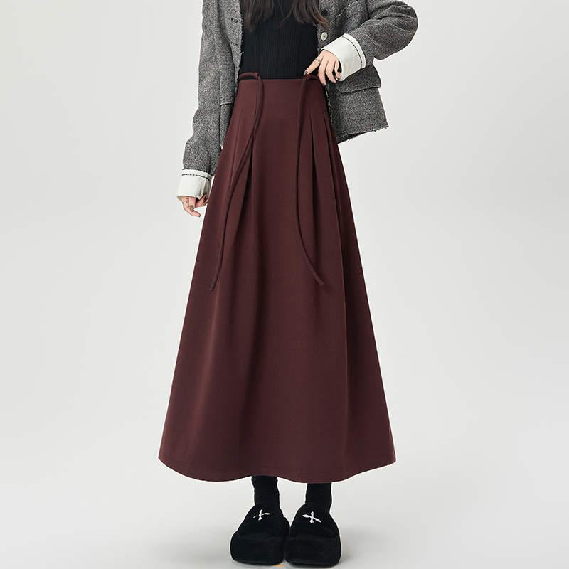 A-line drawstring long skirt pleated skirt for women