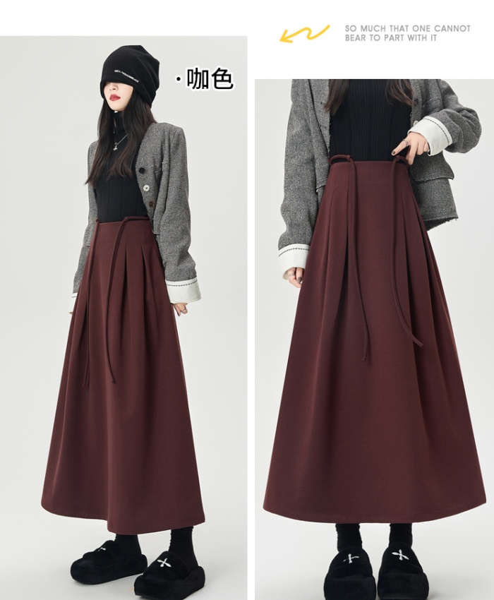 A-line drawstring long skirt pleated skirt for women