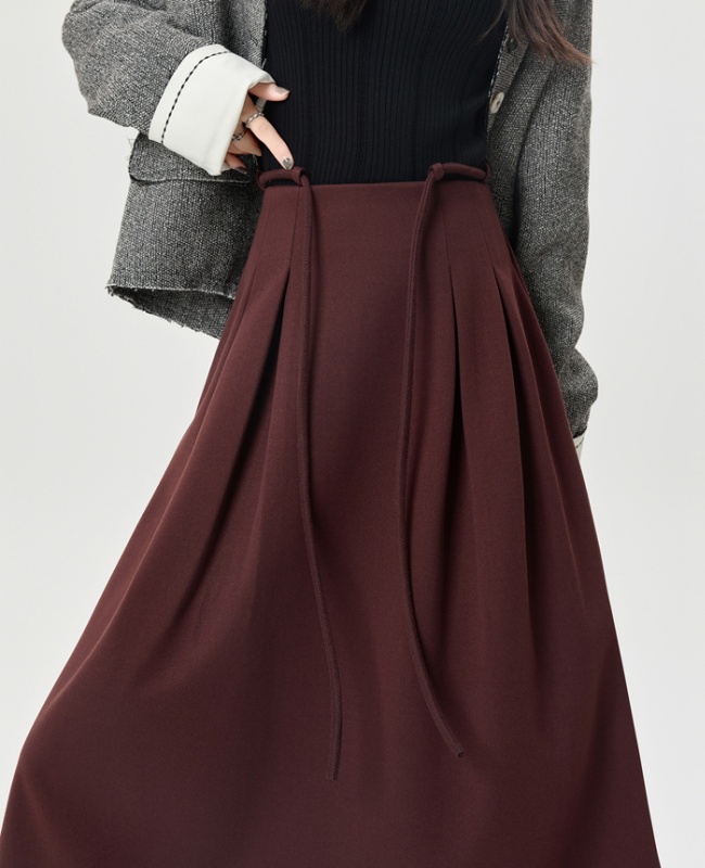 A-line drawstring long skirt pleated skirt for women