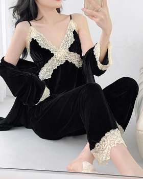 Sexy golden velvet autumn lace homewear pajamas 3pcs set for women