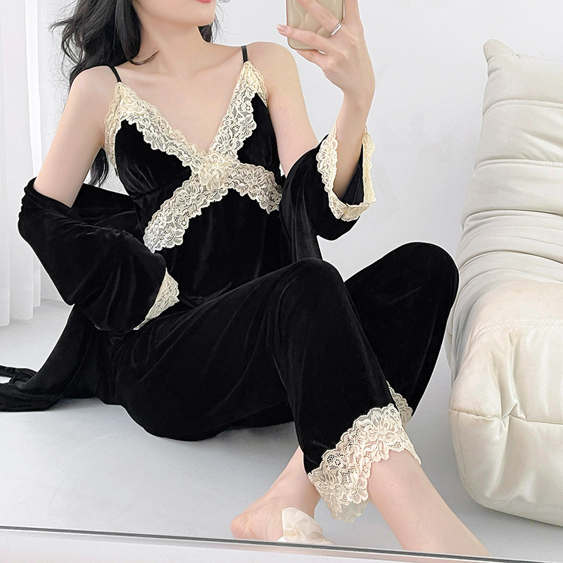 Sexy golden velvet autumn lace homewear pajamas 3pcs set for women