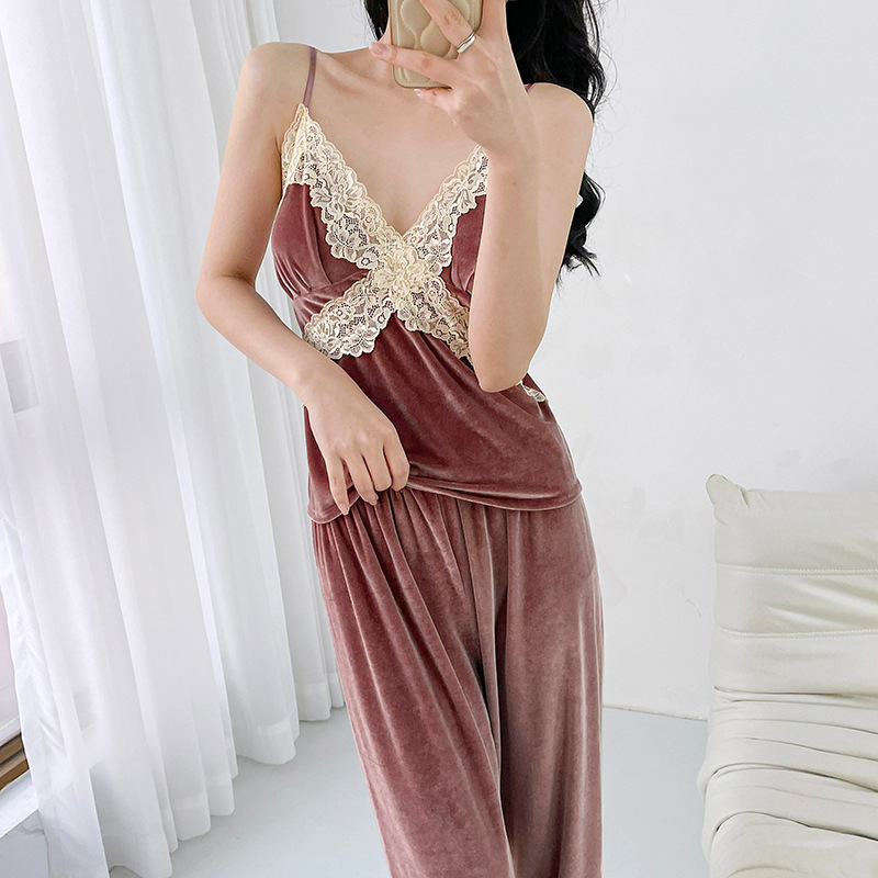 Sexy golden velvet autumn lace homewear pajamas 3pcs set for women