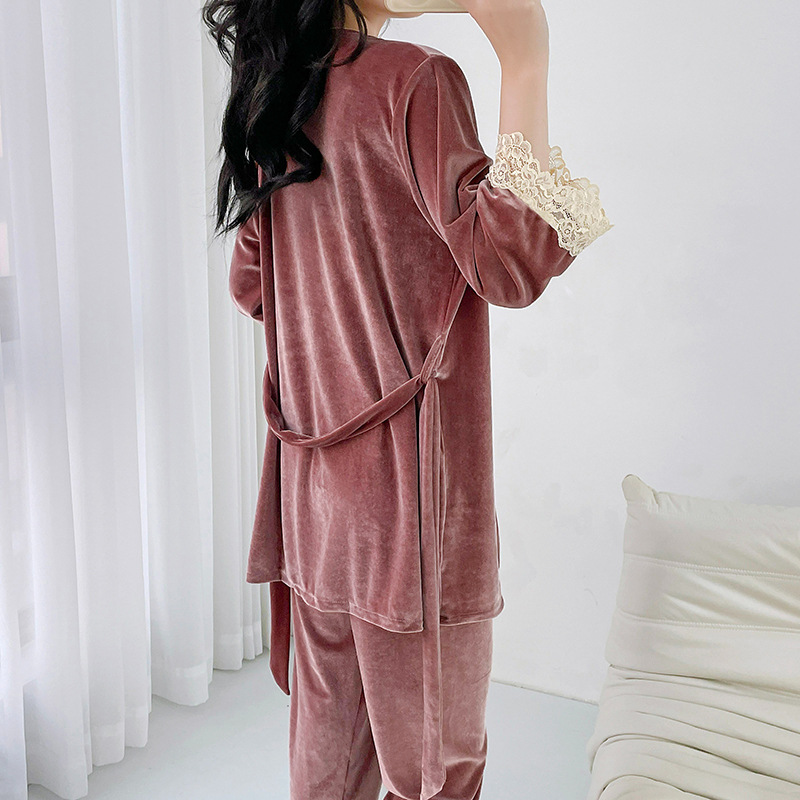 Sexy golden velvet autumn lace homewear pajamas 3pcs set for women