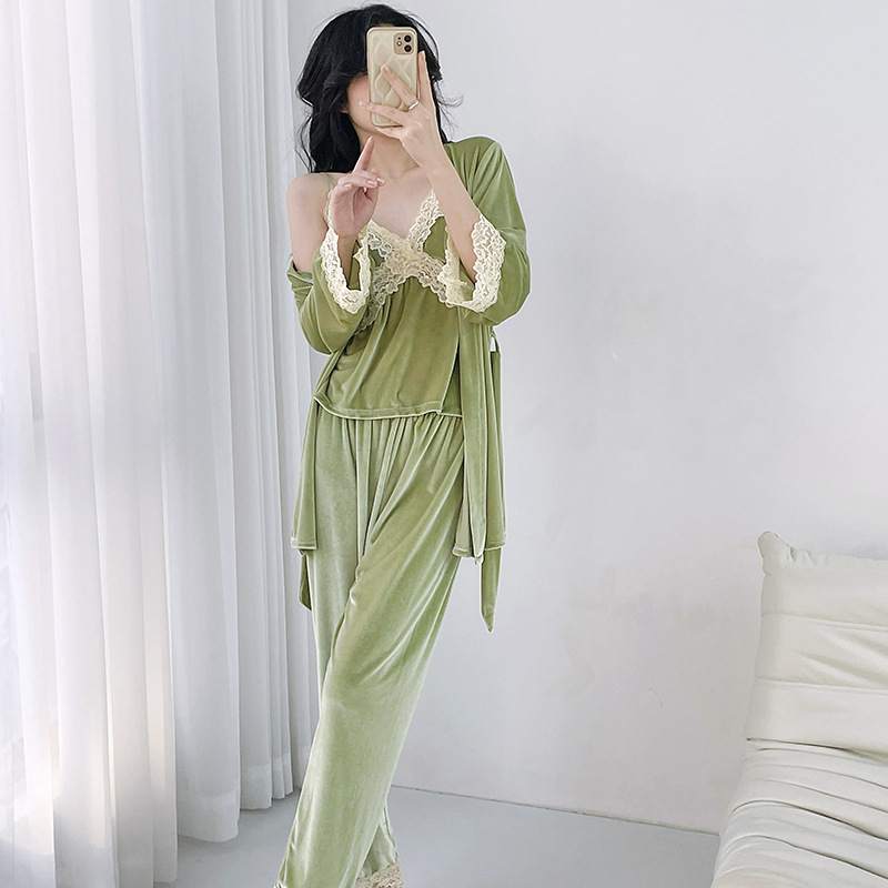 Sexy golden velvet autumn lace homewear pajamas 3pcs set for women