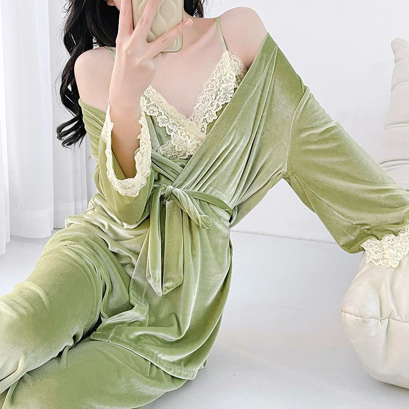 Sexy golden velvet autumn lace homewear pajamas 3pcs set for women