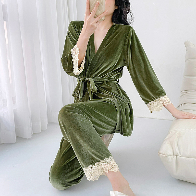 Sexy golden velvet autumn lace homewear pajamas 3pcs set for women