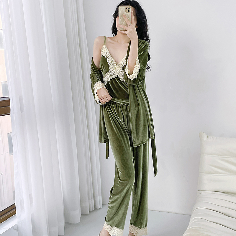 Sexy golden velvet autumn lace homewear pajamas 3pcs set for women