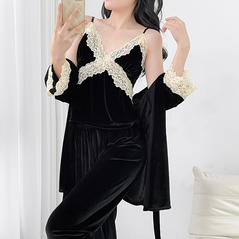 Sexy golden velvet autumn lace homewear pajamas 3pcs set for women