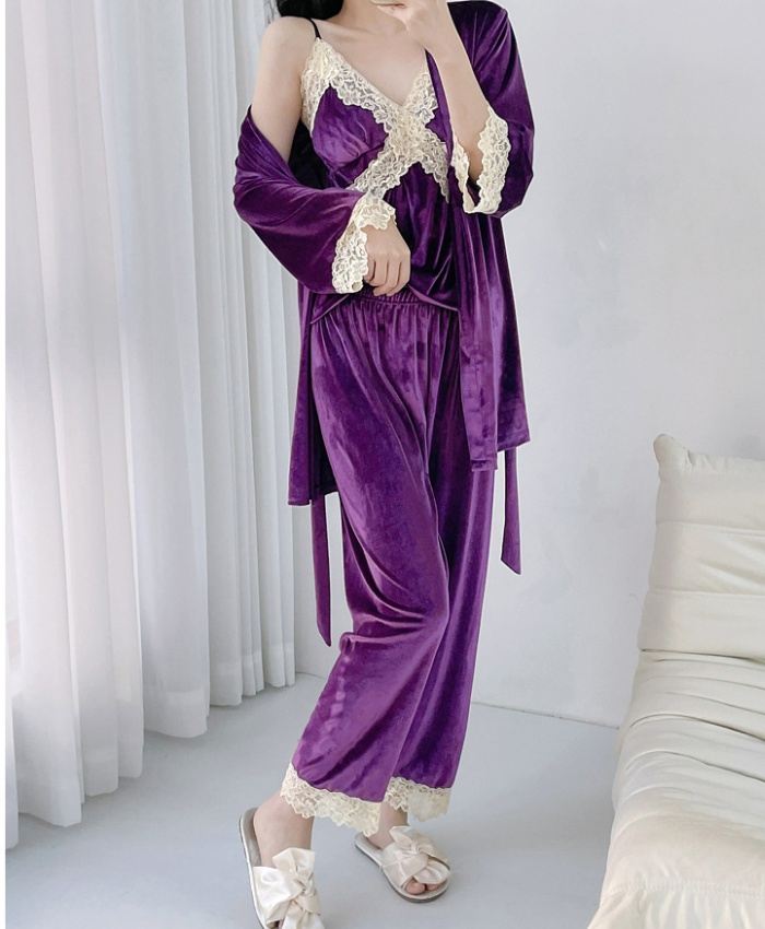 Sexy golden velvet autumn lace homewear pajamas 3pcs set for women