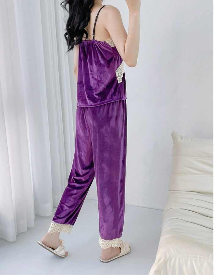 Sexy golden velvet autumn lace homewear pajamas 3pcs set for women