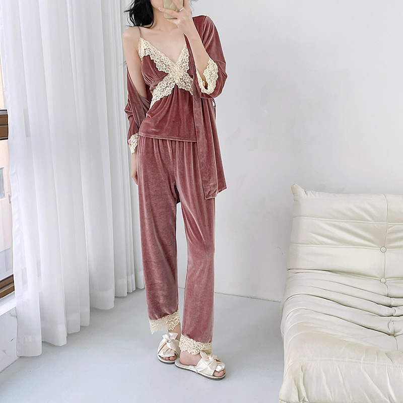 Sexy golden velvet autumn lace homewear pajamas 3pcs set for women