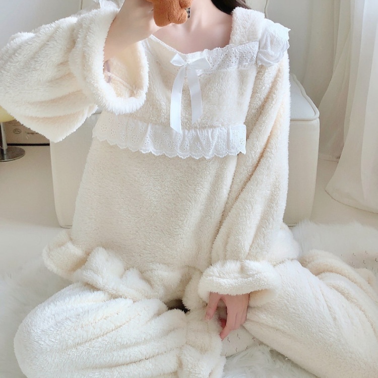 Homewear long sleeve plus velvet lace pajamas a set