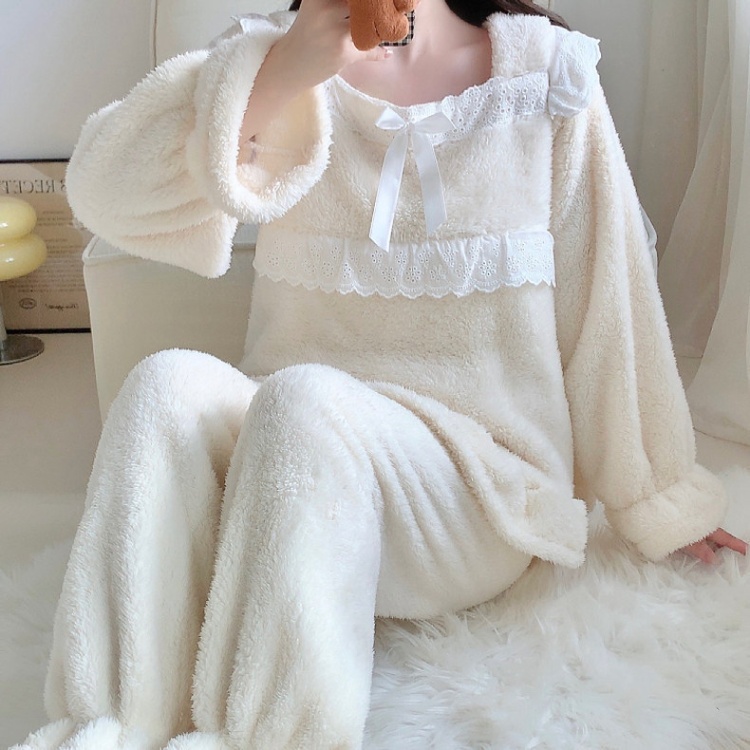 Homewear long sleeve plus velvet lace pajamas a set