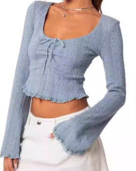 Short pure sexy U-neck trumpet sleeves navel tops