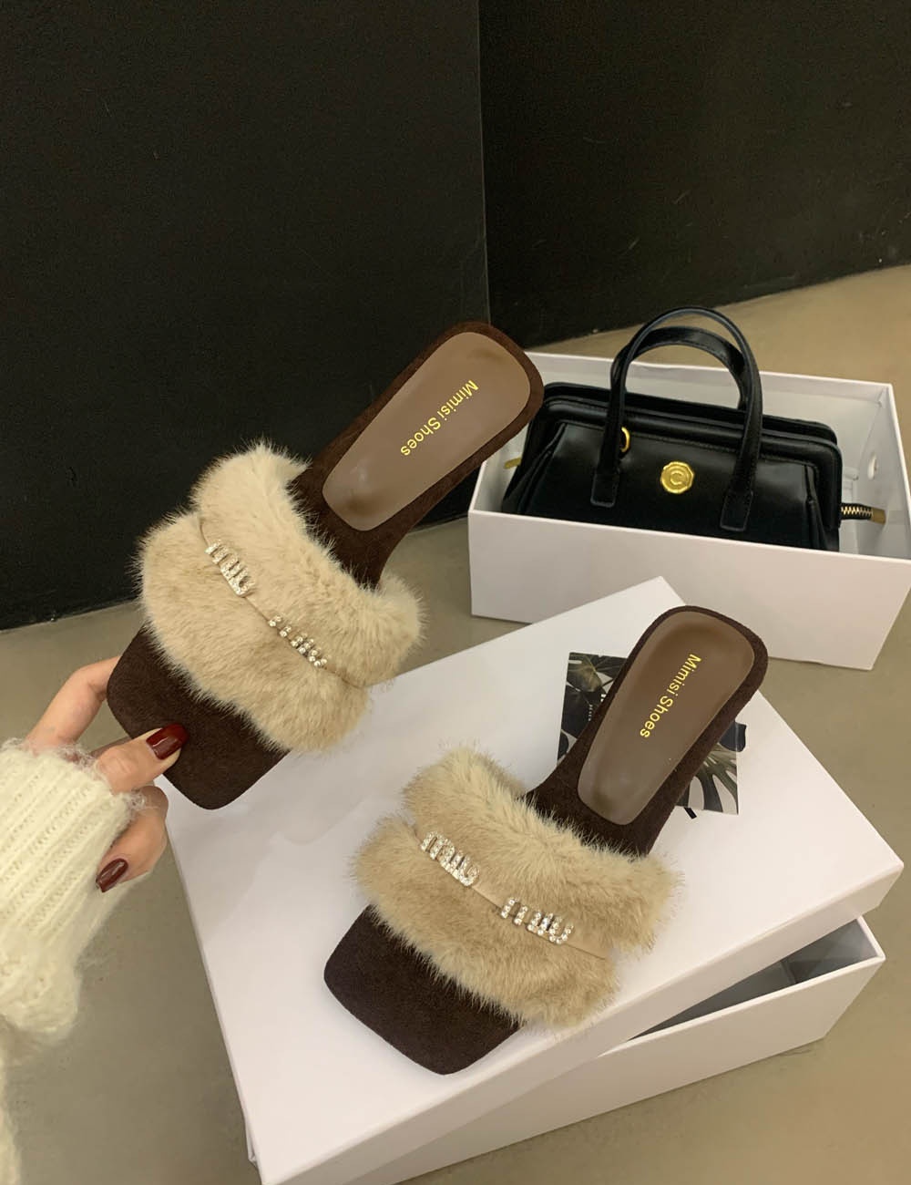 Sweet style square head slippers cozy sandals for women