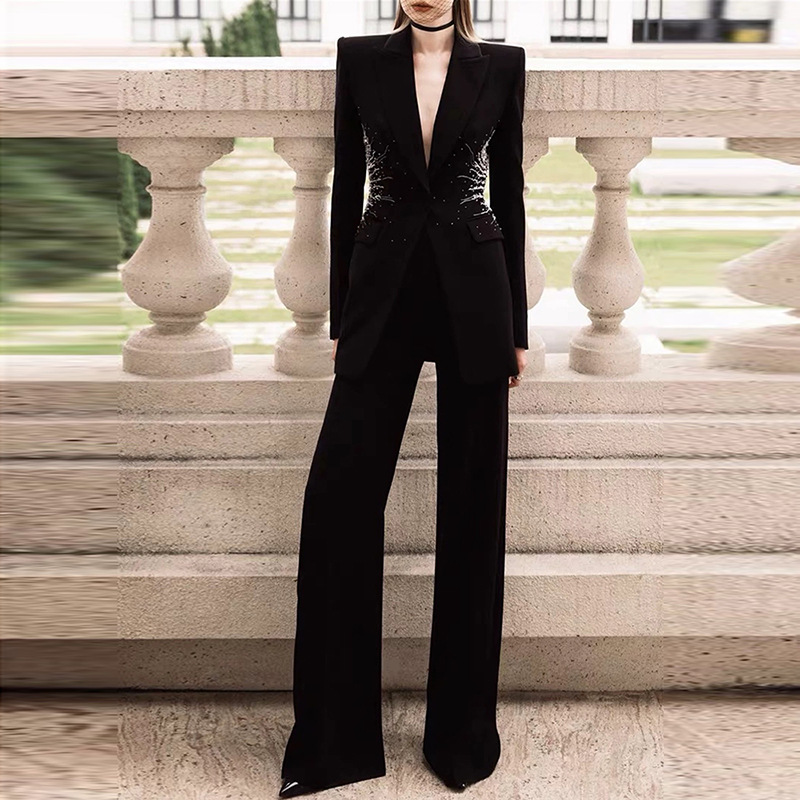 European style business suit rhinestone long pants 2pcs set