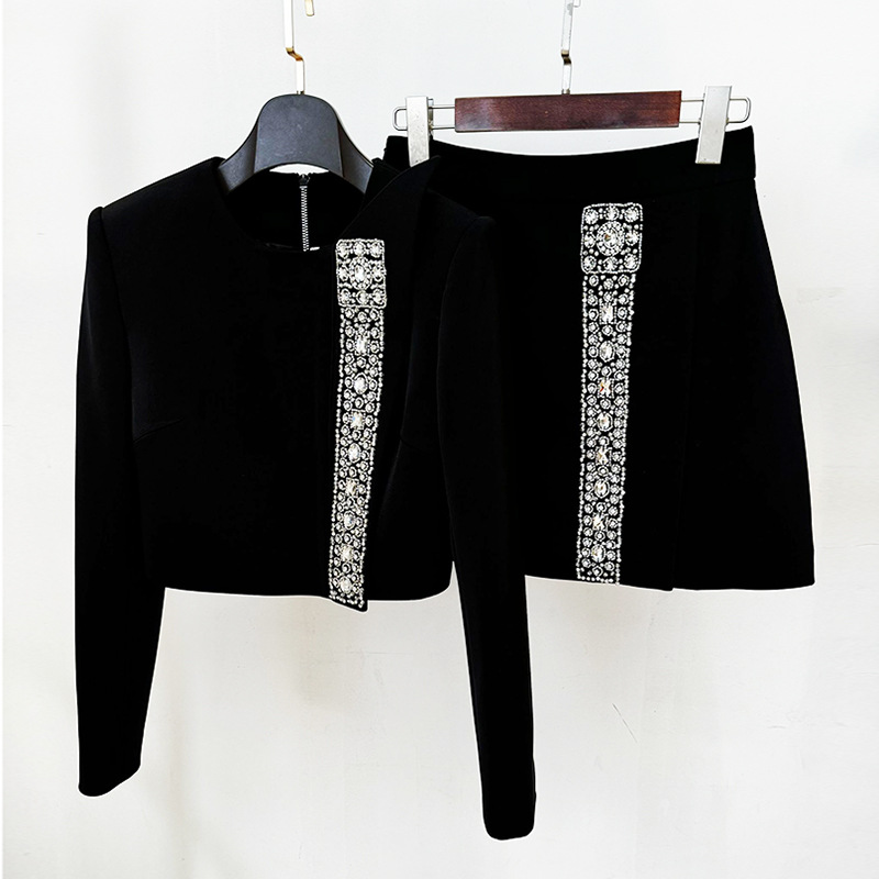 Rhinestone fashion tops beading short skirt 2pcs set