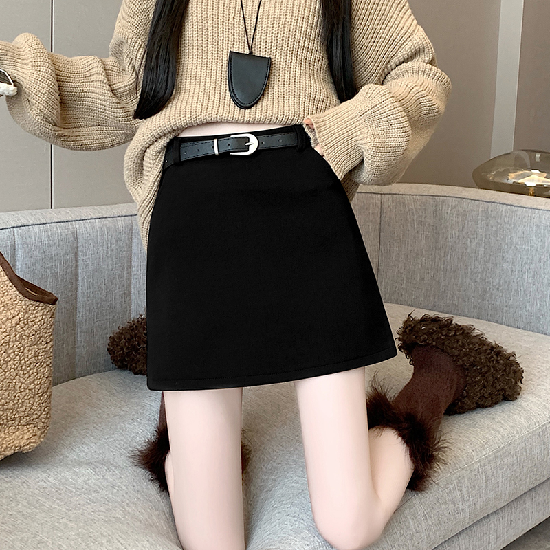 Korean style with belt short skirt woolen skirt