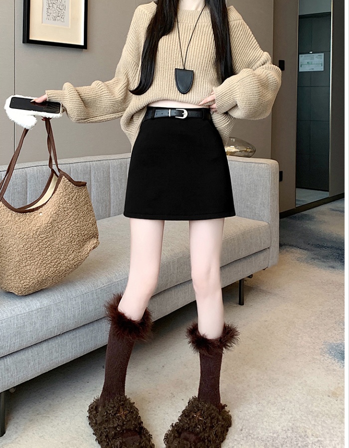 Korean style with belt short skirt woolen skirt