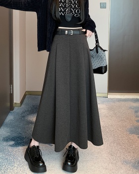 Pleated long slim with belt big skirt woolen skirt