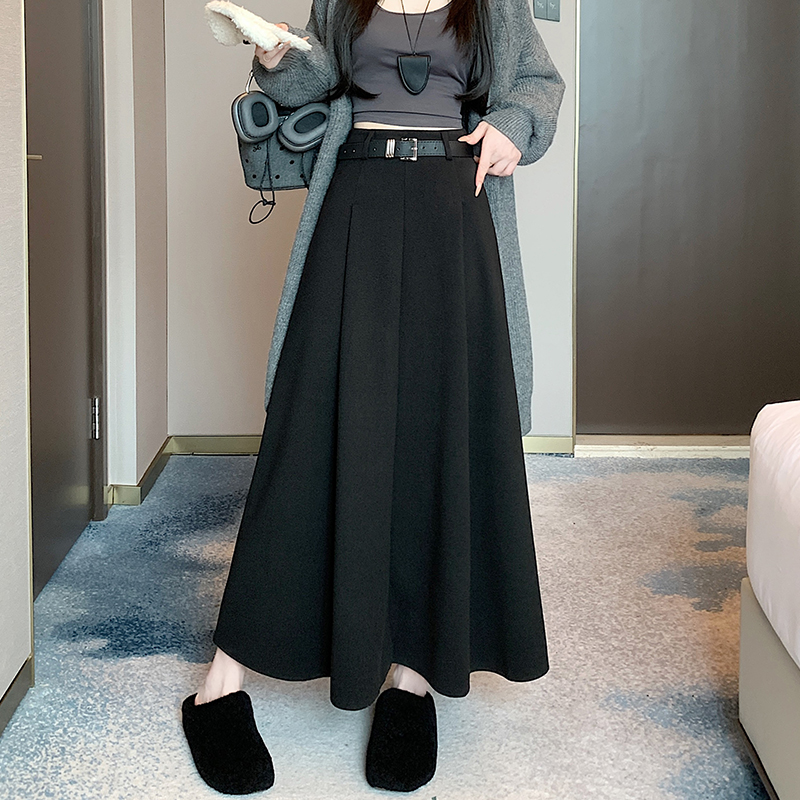 Pleated long slim with belt big skirt woolen skirt