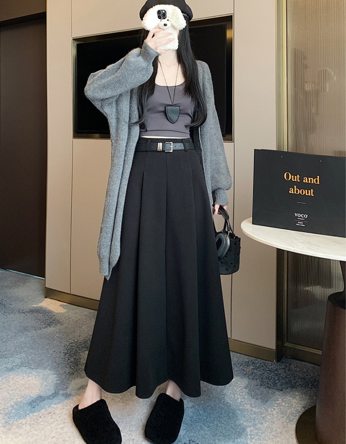 Pleated long slim with belt big skirt woolen skirt