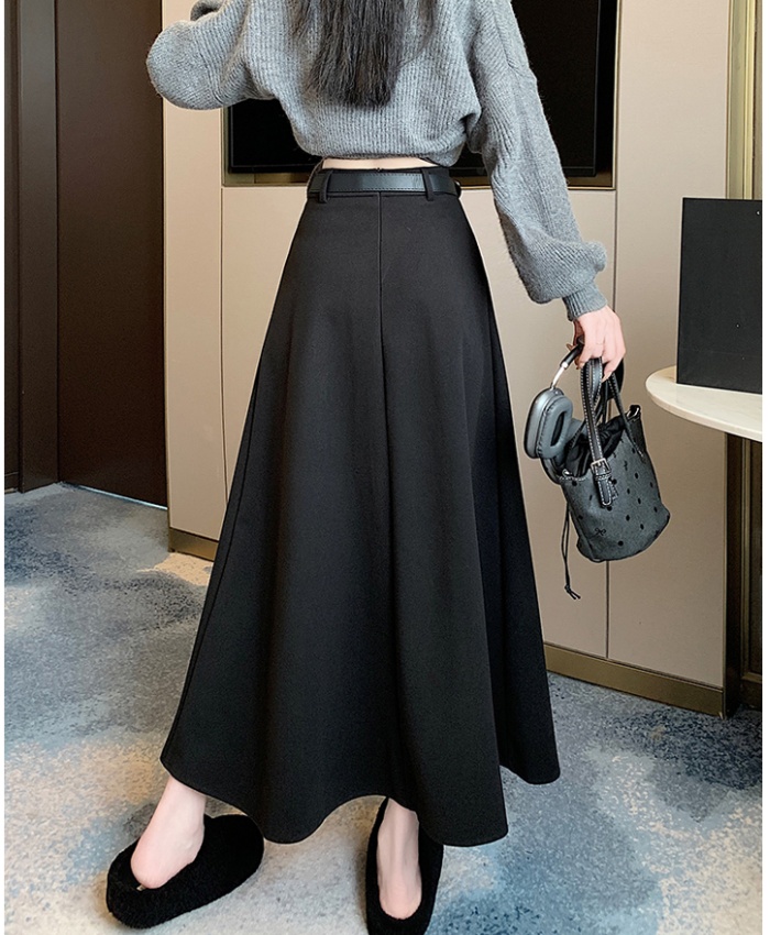 Pleated long slim with belt big skirt woolen skirt