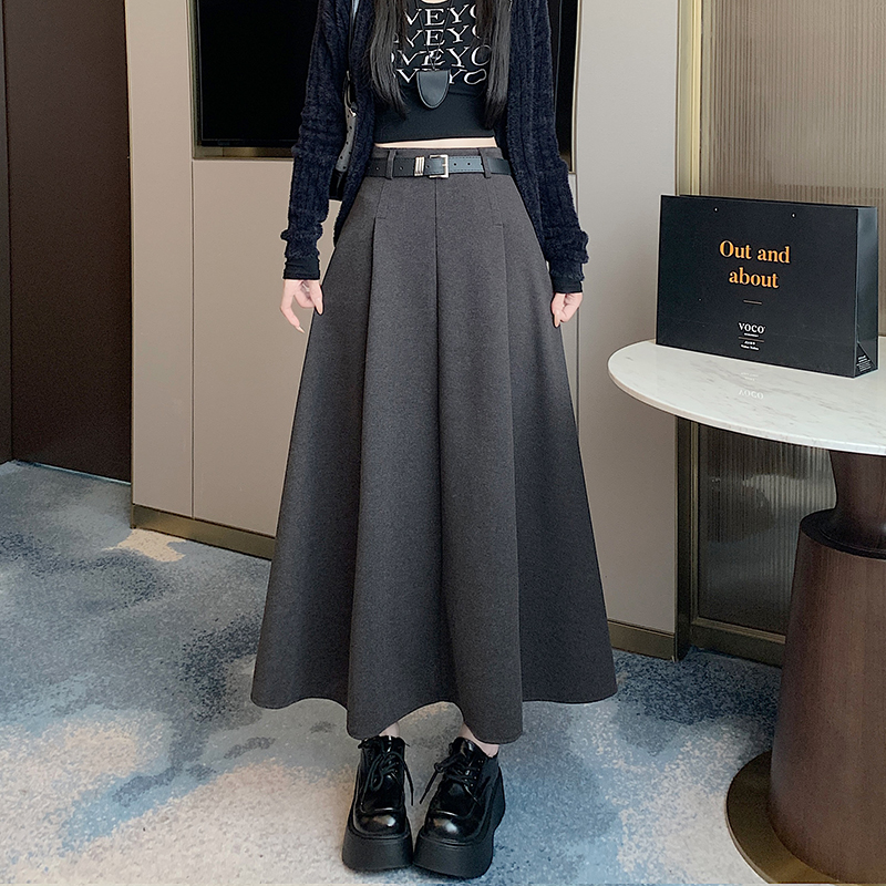 Pleated long slim with belt big skirt woolen skirt