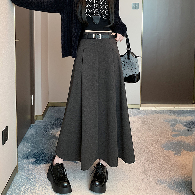 Pleated long slim with belt big skirt woolen skirt